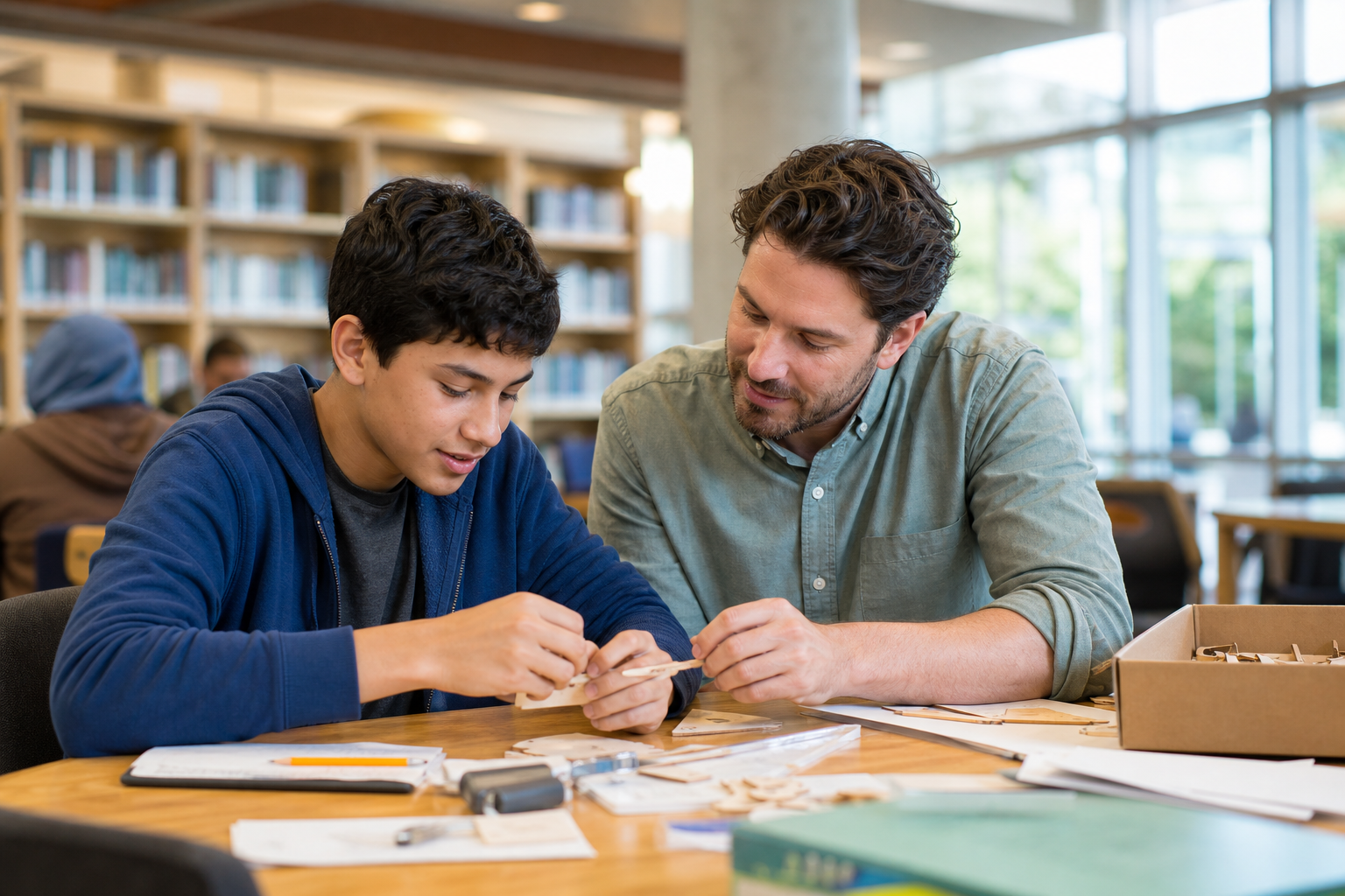 A mentor and student working together on a hands-on project.